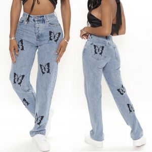 Butterfly Print Straight Leg Non stretch Jeans